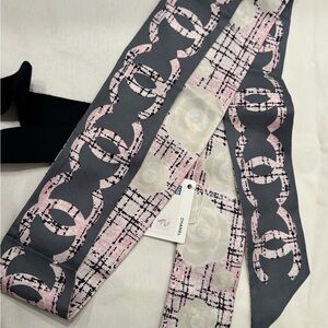 Chanel 2025B Fall Gray Pink Twilly Scarf Camellia Logo NWT Rare + Pouch